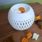 Brûle-parfum en céramique entouré de fondants parfumés en cire de colza en forme de citrouilles et fantômes dans un décor automnal.